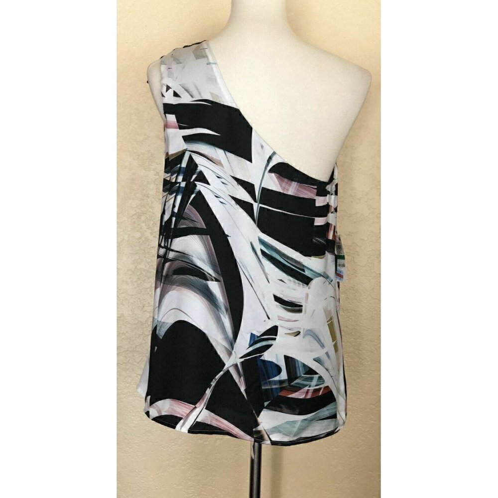 Bar III Black Combo Printed L One Shoulder Top XXS - Picture 5 of 9